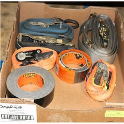 FLAT OF 5 RATCHET STRAPS, NEW ROLL OF GORILLA TAPE