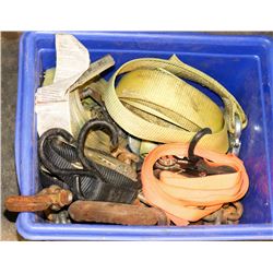 TOTE W/ CHAIN & HOOK, TOW ROPE, 3 RATCHET STRAPS &