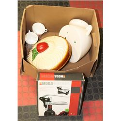 LOT OF MISC INCLUDING WINE OPENER, CERAMIC DISH