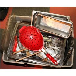 BOX OF ASSORTED KITCHEN ITEMS, TRAYS, UTENSILS AND