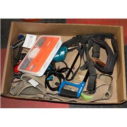 BOX OF ASST TOOLS INCL MAKITA DRILL
