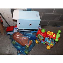 LOT OF ASSORTED KIDS TOYS, INCLUDING  STOVE, TRUCK