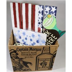 BOX OF WOOD SIGNS AND 4 CANVAS WALL ART