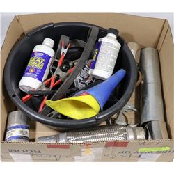 LARGE BOX OF AUTOMOTIVE TOOLS, PARTS &