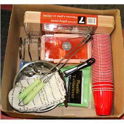 LARGE BOX W/ BBQ/CAMPING/PICNIC SUPPLIES