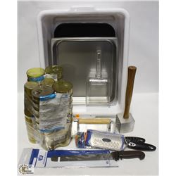 TUB OF NEW ASSORTED KITCHEN ITEMS. INCLUDING 12OZ