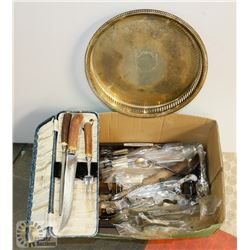 BOX OF ASSORTED SILVER & SILVER PLATED UTENSILS &
