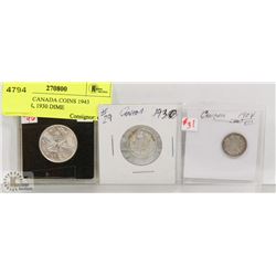 LOT OF 3 CANADA COINS 1943 QUARTER, 1930 DIME