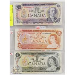 LOT  3 CANADIAN BILLS, $1-1973, $2-1974, $10-1971