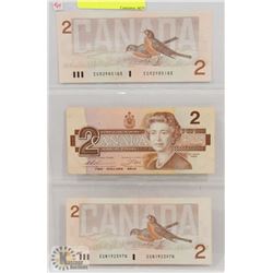 LOT OF 3 CANADA $2 BILLS 1986