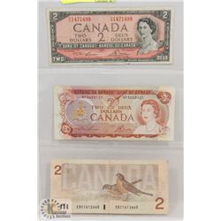 LOT OF 3 CANADA $2 BILLS 1986, 1974,1954