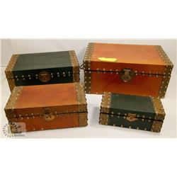 LOT OF 4 RECTANGLE WOOD AND LEATHER BOXES 14X9X2"H