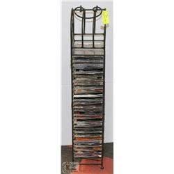 METAL CD RACK WITH COLLECTION OF ROCK MUSIC.