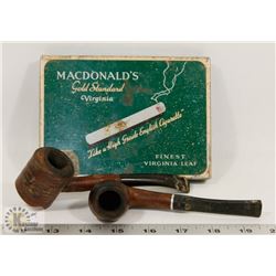 EXPORT CIGARETTE TIN WITH 2 VINTAGE PIPES.