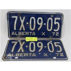 MATCHING PAIR OF 1972 ALBERTA LICENSE PLATES.