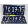 Image 1 : MATCHING PAIR OF 1972 ALBERTA LICENSE PLATES.
