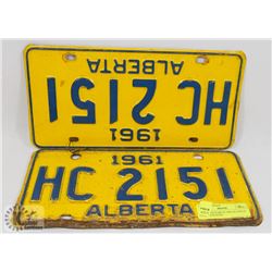 MATCHING PAIR OF 1961 ALBERTA LICENSE PLATES.
