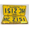 Image 1 : MATCHING PAIR OF 1961 ALBERTA LICENSE PLATES.