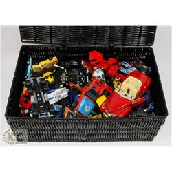 WICKER BASKET WITH LID, FULL OF VINTAGE TOY CARS