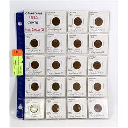 SHEET OF 23 CANADIAN 1932 ONE CENT COINS
