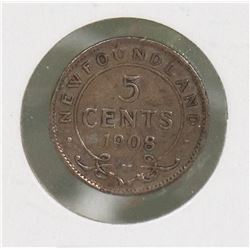 1908 NEWFOUNDLAND 5 CENT COIN