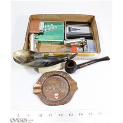 SMALL BOX OF SMOKING ITEMS INCL LIGHTERS CIGARETTE