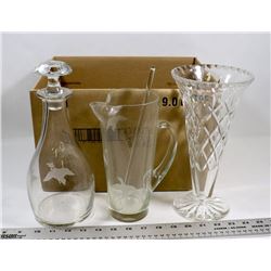 BOX OF GLASS CRYSTAL DECANTER, PITCHER AND VASE