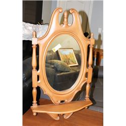 SOLID MAPLE WALL HANGING MIRROR WITH SHELF.