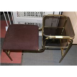 BRASS & GLASS PHONE TABLE WITH PADDED SEAT,