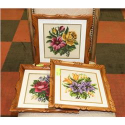 LOT OF 3 WOOD FRAMED CROSS STITCH FLOWERS