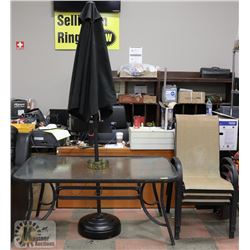 PATIO TABLE SET, COMES WITH 3 CHAIRS, UMBRELLA &