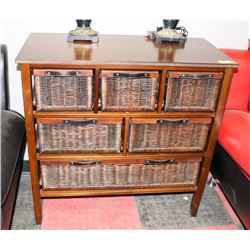 DARK WOOD & WICKER 6 DRAWER CABINET