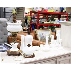 LARGE LOT OF MILK GLASS VASES, ASH TRAYS AND 2