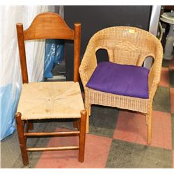 LOT OF 2 CHAIRS, WICKER WITH PURPLE SEAT, WOOD