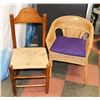 Image 1 : LOT OF 2 CHAIRS, WICKER WITH PURPLE SEAT, WOOD