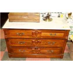 VINTAGE WOOD GRANITE TOP 3 DRAWER CABINET.