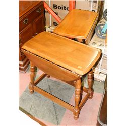 PAIR OF SOLID WOOD DROP LEAF END TABLES.