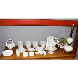 LARGE LOT OF ASSORTED MILK GLASS ORNAMENTS.