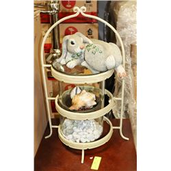 METAL LAWN OR DECK ORNAMENT WITH PLASTIC RABBIT,