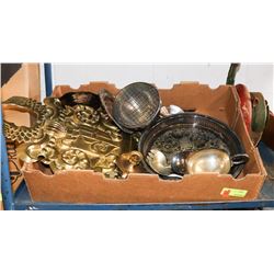 ESTATE BOX OF BRASS AND SILVER PLATED ORNAMENTS.