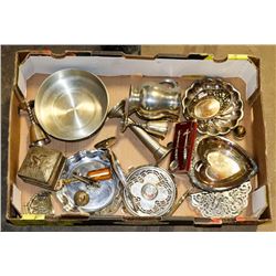 ESTATE BOX OF SILVER PLATED ORNAMENTS.