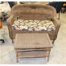 WICKER LOVESEAT WITH OTTOMAN.