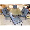 Image 1 : GLASS TOP PATIO TABLE WITH 6 PADDED ARM CHAIRS.