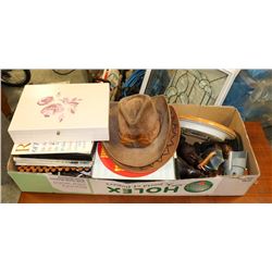 BOX OF ORNAMENTS RECORDS, HATS, SILVERWARE& MORE