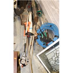 LOT OF ASSORTED YARD TOOLS. INCLUDING ROLL OF WIRE