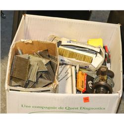 BOX OF ALLEN KEYS, ASSORTED NAILS, AND MORE.