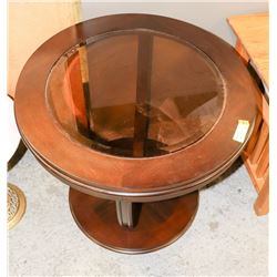 WOODEN GLASS ROUND END TABLE, 25.5" DIA X 24.5"H.