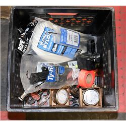 CRATE WITH ZIP TIES, TAPE MEASURERS AND MORE