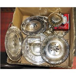 LARGE BOX OF SILVER PLATE SERVING DISHWARE