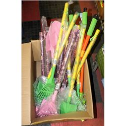 LOT OF ASSORTED KIDS RAKES AND SHOVELS
